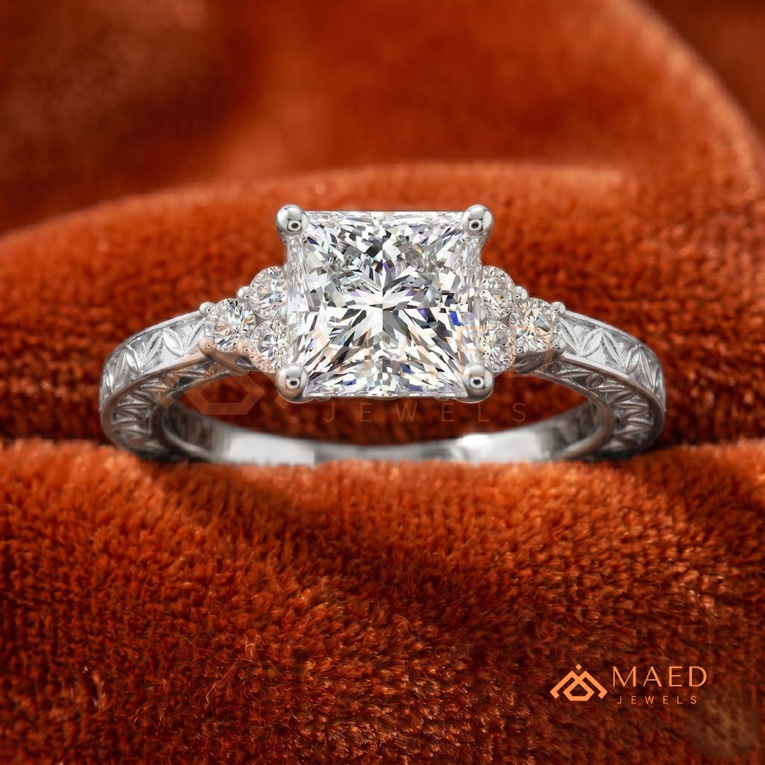 Vintage Princess Cut Three-Stone Engraved Ring | 14K Gold, Rose Gold & Silver