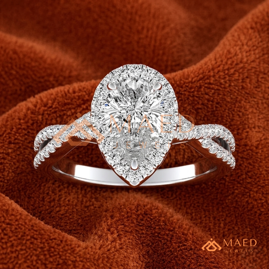 Pear-Cut Moissanite/Diamond Halo Engagement Ring with Twisted Pavé Band