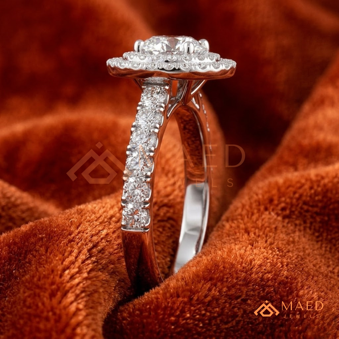 Double Halo Round Brilliant Engagement Ring with Pavé Band – Sterling Silver, 14K Gold, or 14K Rose Gold