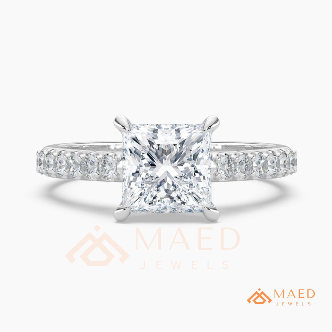 Princess Cut Engagement Ring with Pavé Band | 14k Gold, Rose Gold & Silver