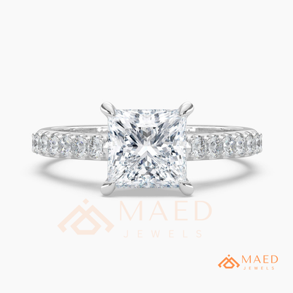 Princess Cut Engagement Ring with Pavé Band | 14k Gold, Rose Gold & Silver