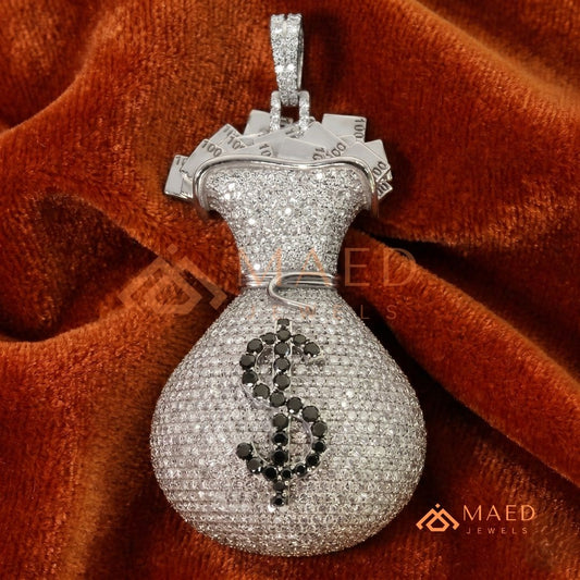 Iced Out Money Bag Pendant with Dollar Sign in Silver, 14K Yellow & Rose Gold