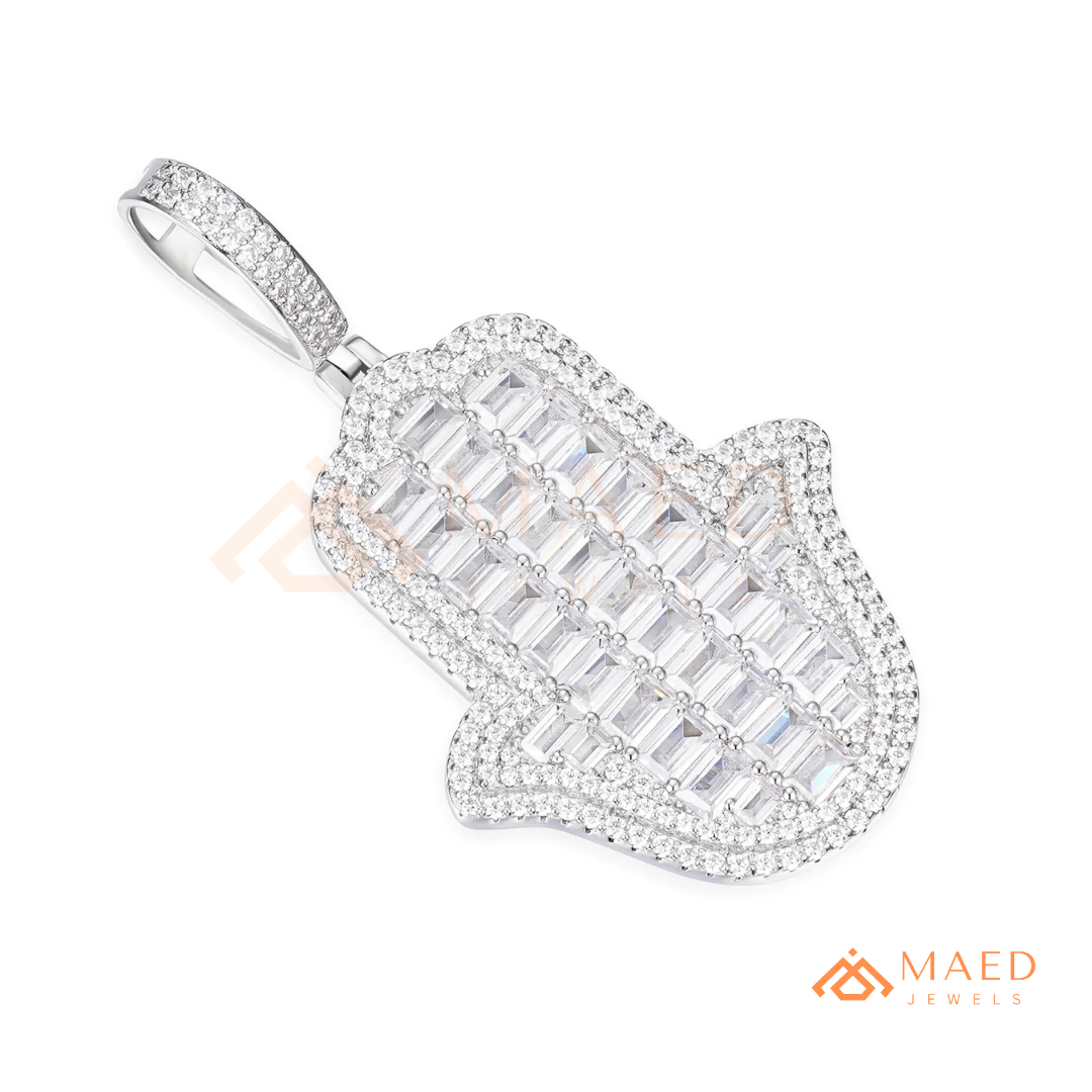 Iced Out Emerald Cut Hamsa Pendant | Sterling Silver, 14K Gold & Rose Gold