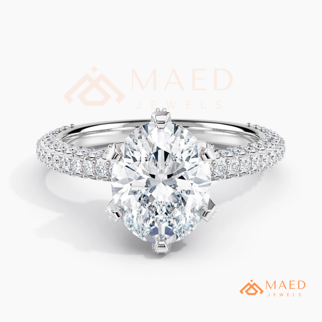 Oval Cut Engagement Ring | Triple Row Micro Pave Band in 14K Gold & Sterling Silver