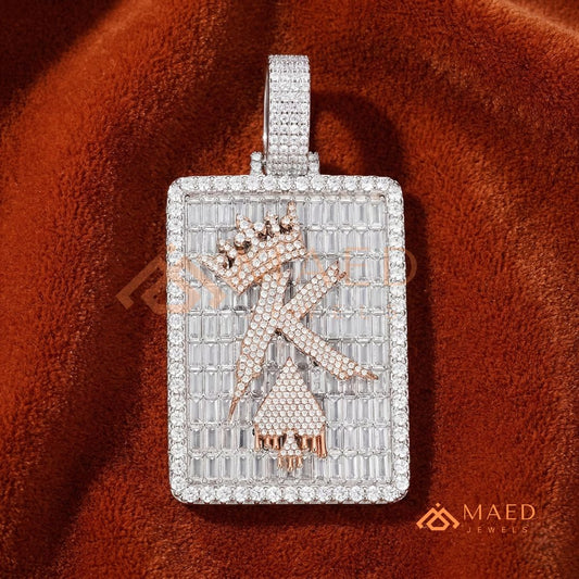 Iced Out King of Spades Dog Tag Pendant – 14K Gold, Rose Gold & Silver Baguette Custom "K" Charm