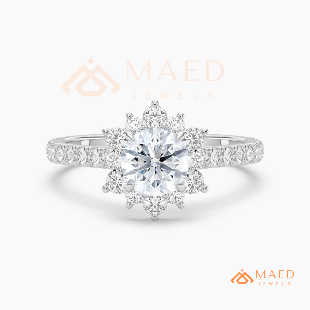 Vintage Starburst Halo Round Cut Engagement Ring with Pave Band in Silver, 14K Gold & Rose Gold