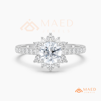 Vintage Starburst Halo Round Cut Engagement Ring with Pave Band in Silver, 14K Gold & Rose Gold