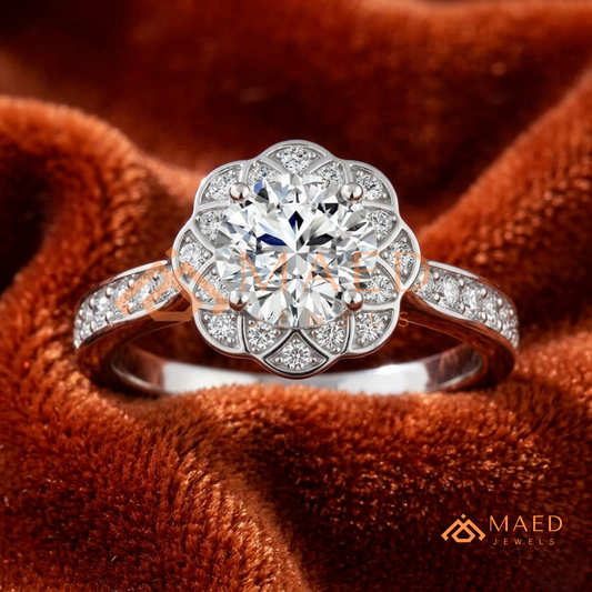Round Cut Flower Halo Engagement Ring with Pave Band