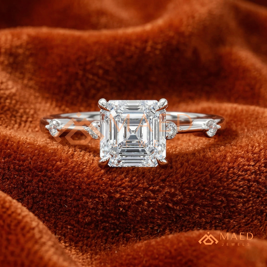 Asscher Cut Engagement Ring with Accent Stones | Vintage Art Deco Promise Ring | 14K Gold, Rose Gold & Sterling Silver