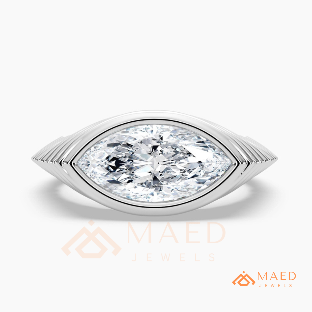 East-West Marquise Bezel Engagement Ring | Fluted Band in 14K Gold, Rose Gold & Silver