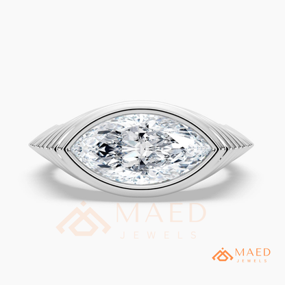 East-West Marquise Bezel Engagement Ring | Fluted Band in 14K Gold, Rose Gold & Silver