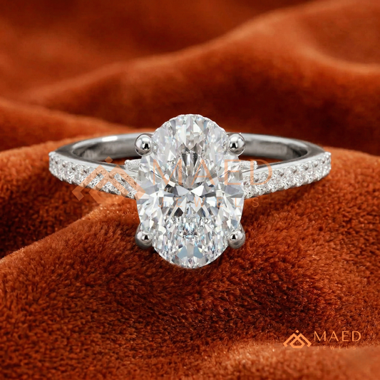 Oval Cut Engagement Ring with Pavé Diamond Band in 14K Gold, Rose Gold & Silver