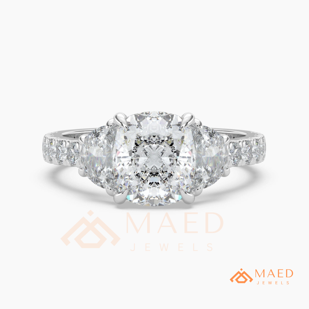 Classic Cushion Cut Three-Stone Engagement Ring with Half-Moon Side Stones in Silver, 14K Gold & Rose Gold