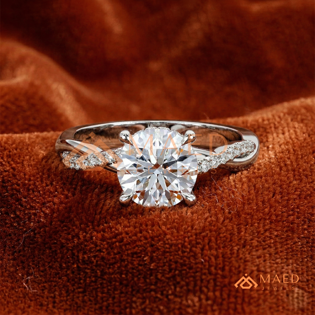 Round Cut Engagement Ring with Twisted Pavé Band in Silver, 14K Gold, & 14K Rose Gold