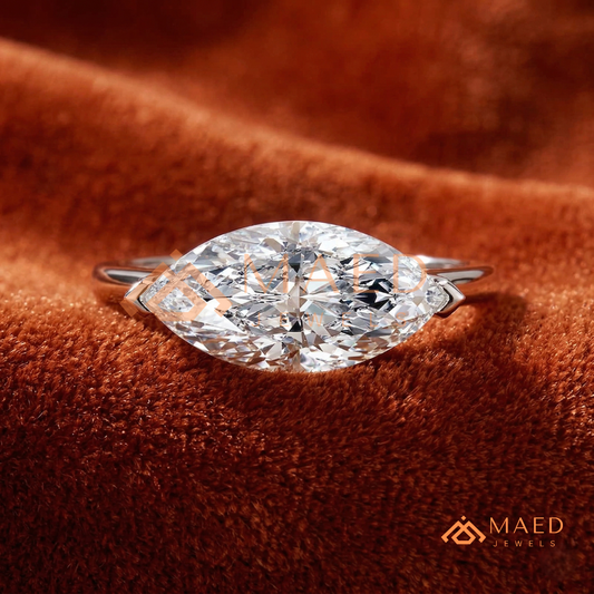 Horizontal Marquise Solitaire Ring with V-Prongs in Silver, 14K Yellow or Rose Gold