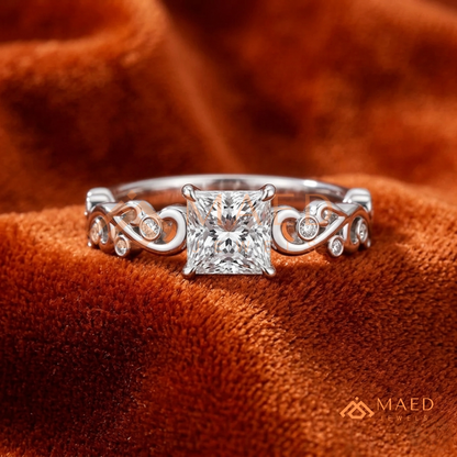 Enchanted Princess Cut Scroll Diamond Simulant Ring in 14K Yellow Gold, Rose Gold & Silver