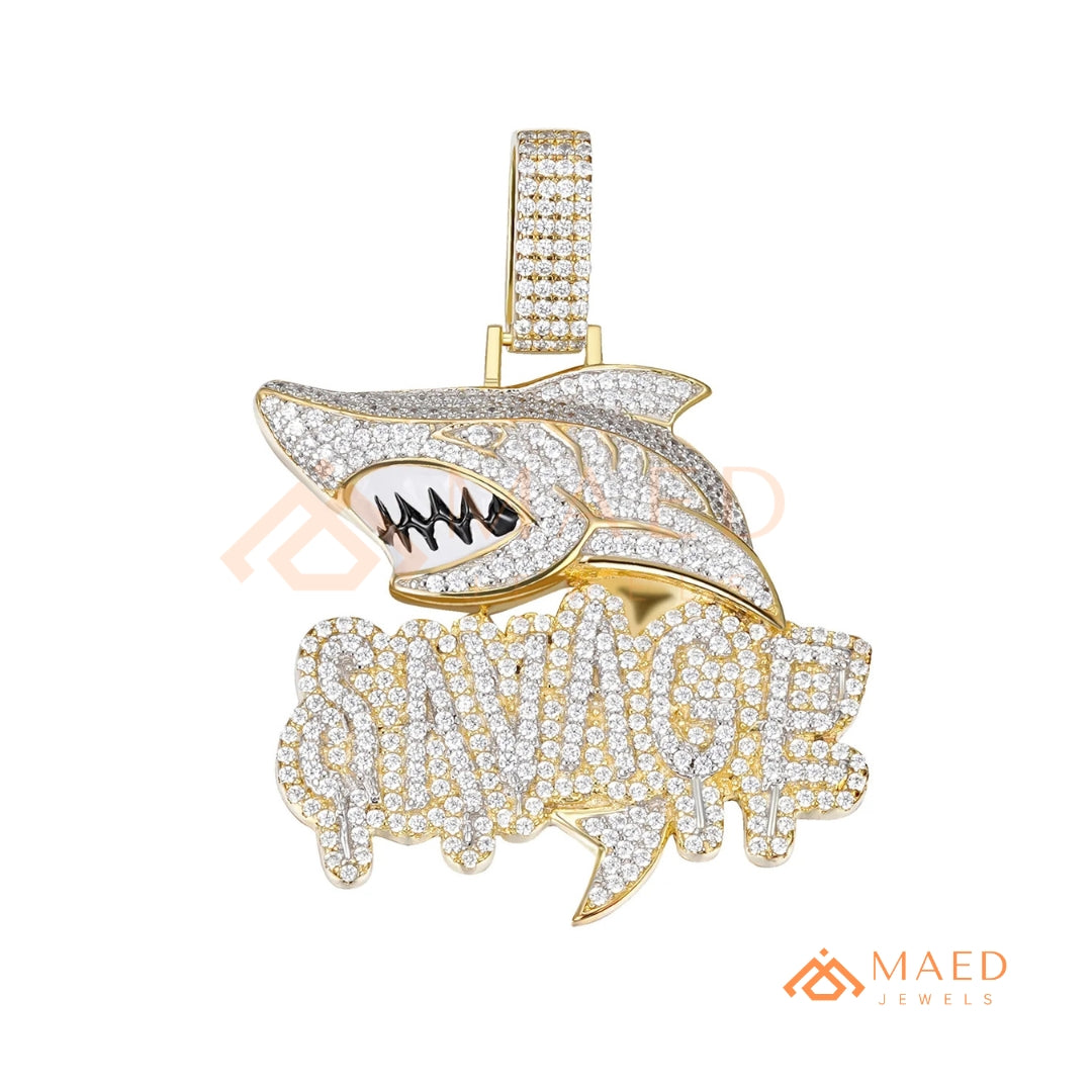 Iced-Out "SAVAGE" Shark Pendant – Micro-Pave Diamond Finish