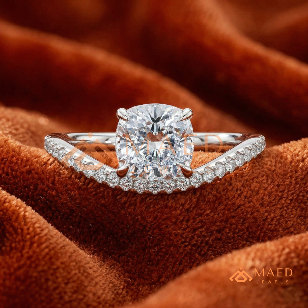 Cushion Cut Moissanite Chevron Engagement Ring, Curved Pavé Diamond Wishbone Wedding Ring in Silver, 14K Gold & Rose Gold