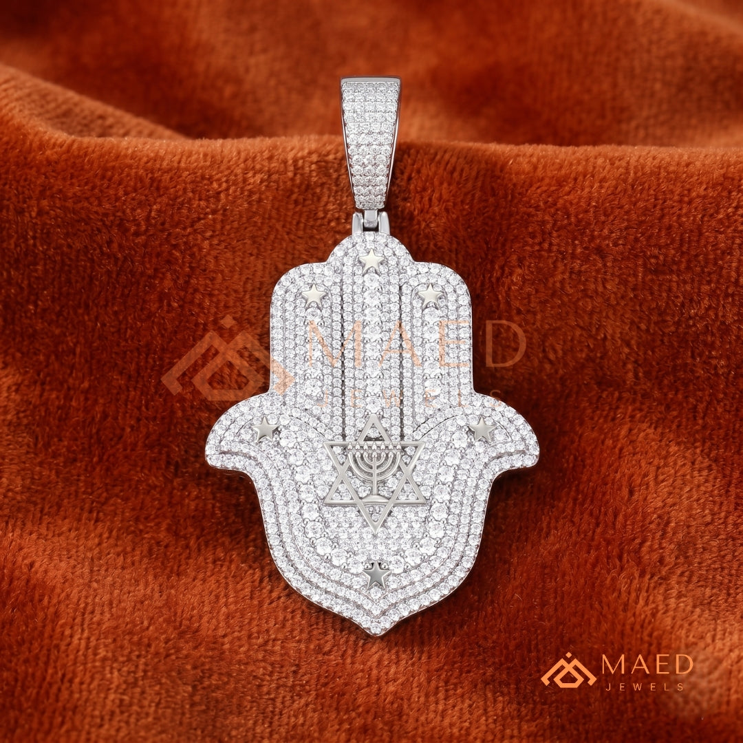Iced Out Hamsa Hand Pendant Necklace | Sterling Silver, 14K Gold & Rose Gold