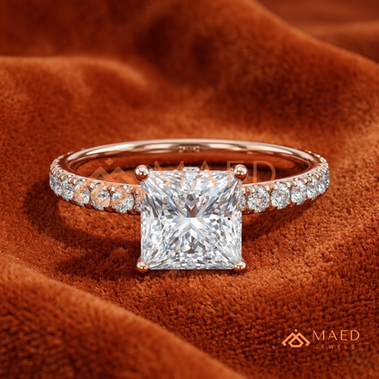 Princess Cut Engagement Ring with Pavé Band in Silver, 14K Gold, & 14K Rose Gold