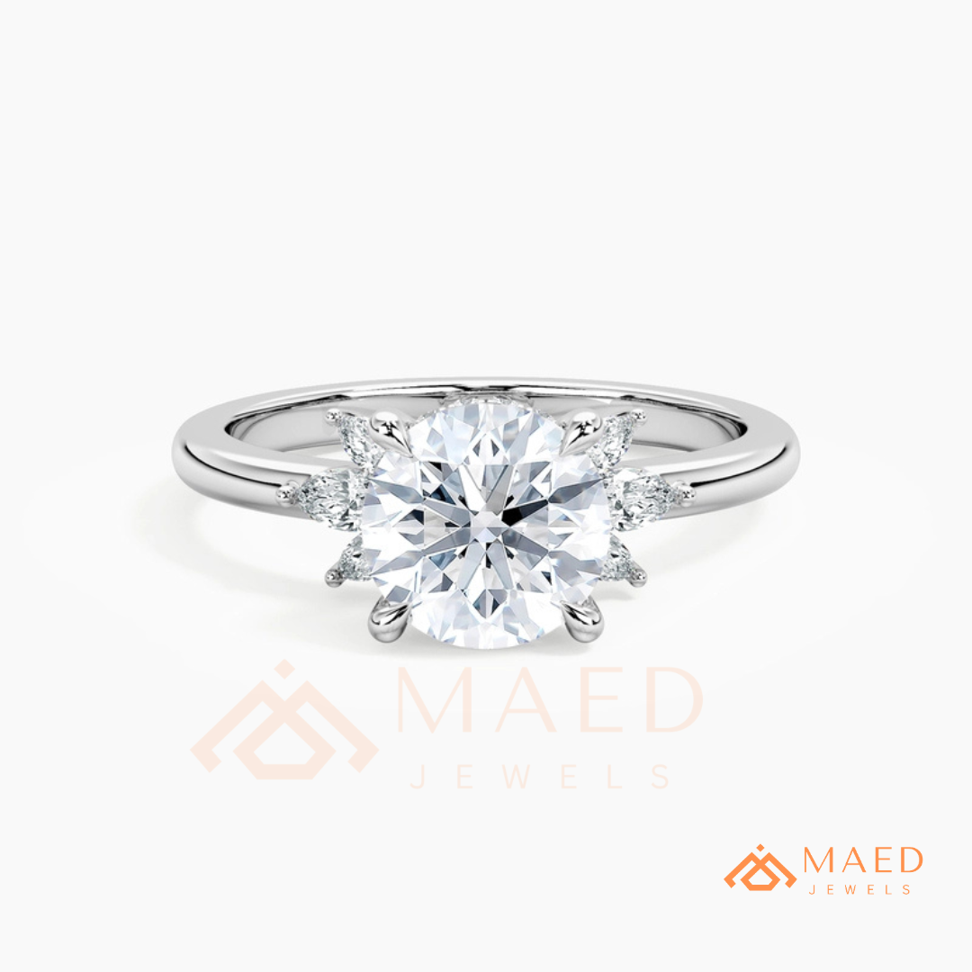 Round Brilliant Cut Ring with Marquise Floral Cluster | 14k Gold, Rose Gold & Silver