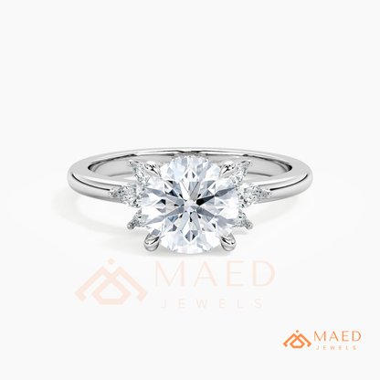 Round Brilliant Cut Ring with Marquise Floral Cluster | 14k Gold, Rose Gold & Silver