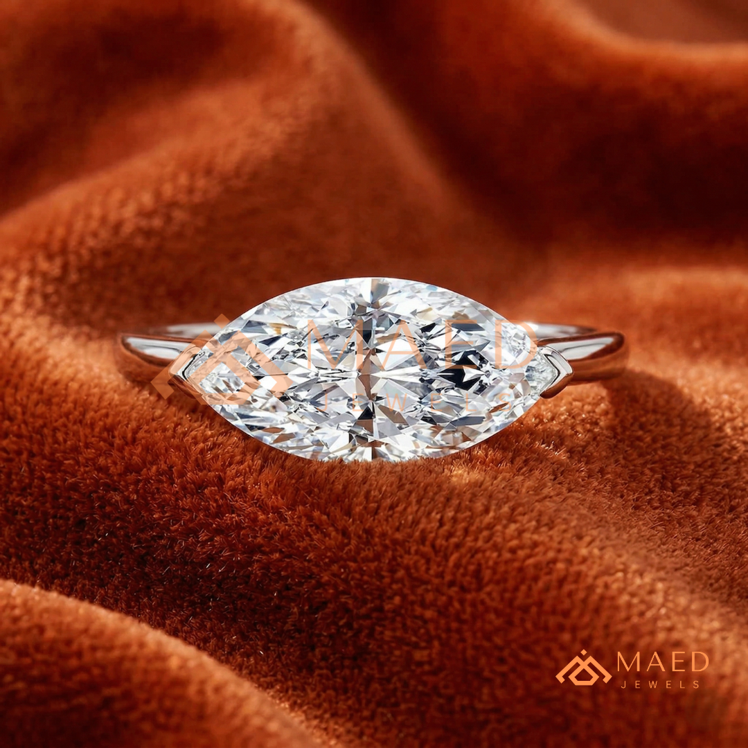 East-West Marquise Cut Engagement Ring | 14K Gold, Rose Gold & Silver Solitaire