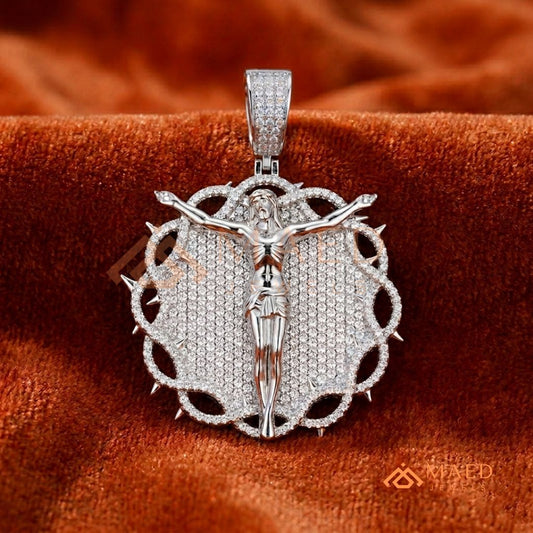 Iced Out Crown of Thorns Jesus Piece Pendant - Available in Silver, 14K Gold & 14K Rose Gold