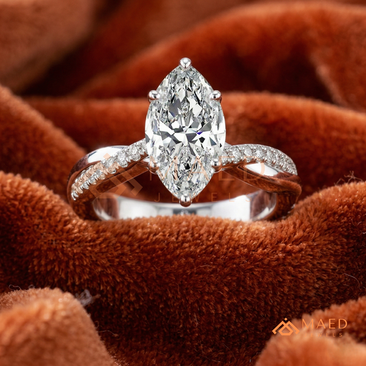 Marquise Cut Engagement Ring with Twisted Pavé Band | 14K Gold, Rose Gold & Silver