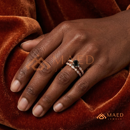 Maeve Round Cut Black Diamond Vintage Style Wedding Ring Set – Silver, 14K Yellow & Rose Gold