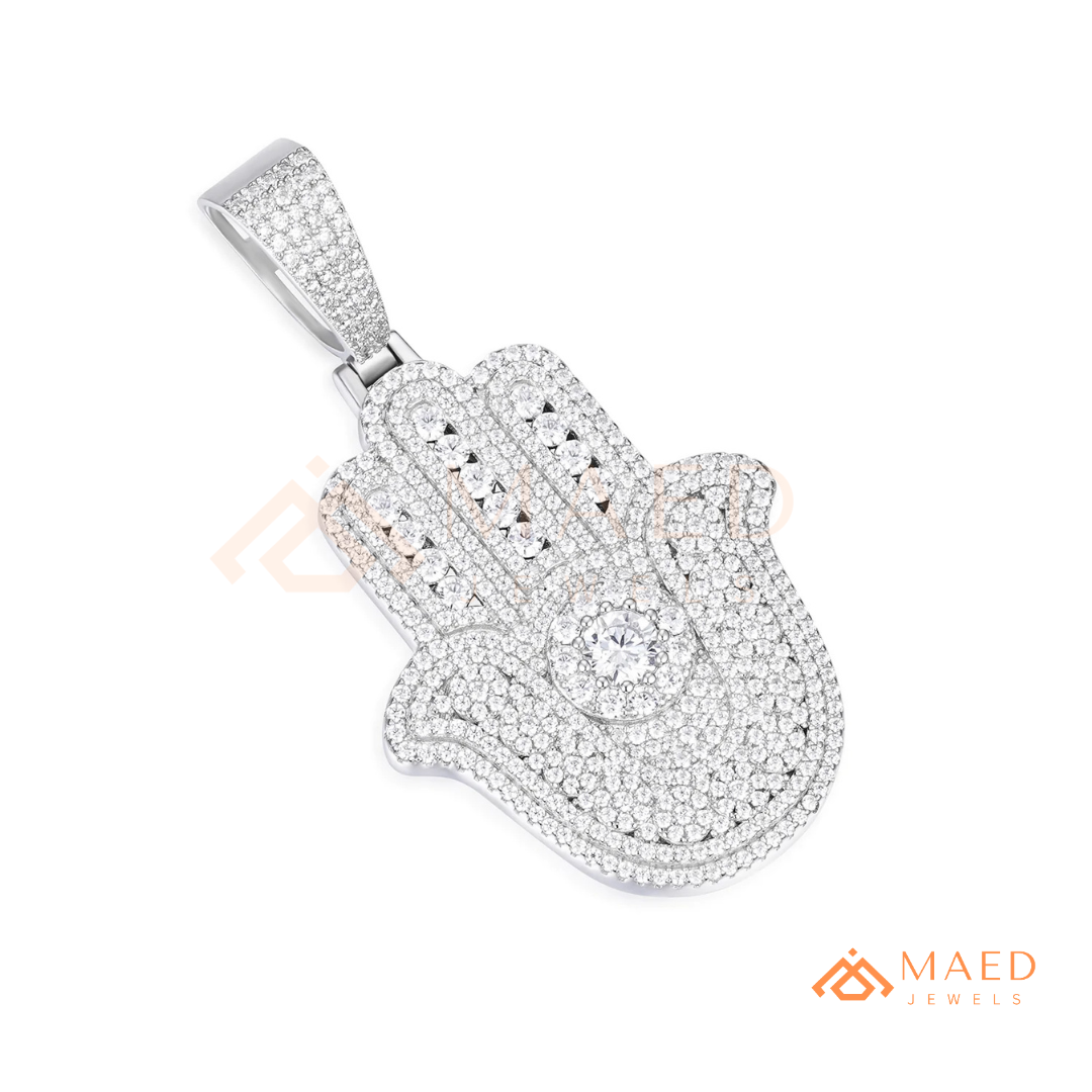 Iced-Out Hamsa Hand Pendant – Micro-Pave Diamond Finish in Silver, 14k Gold, 14k Rose Gold