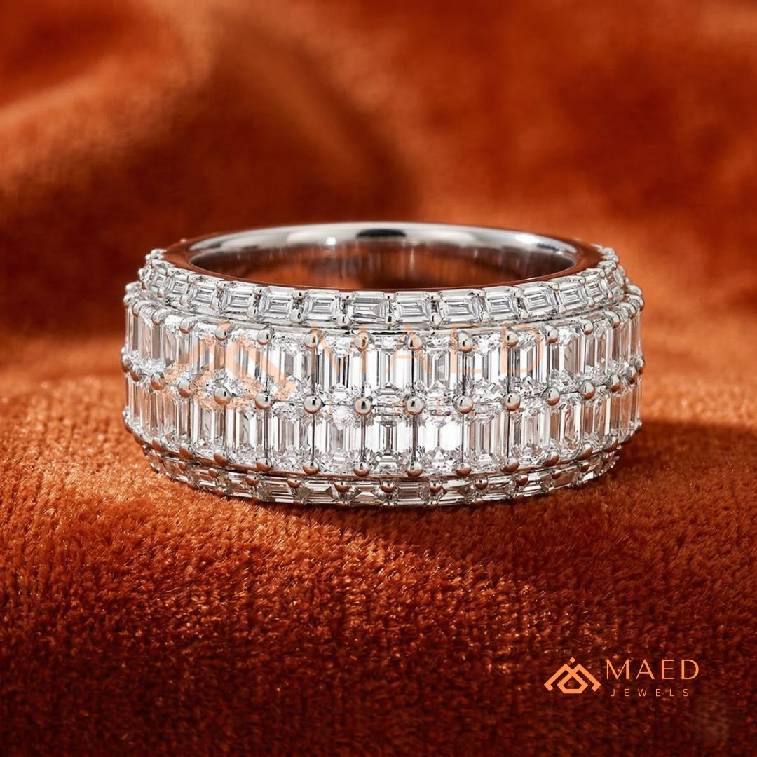 Multi-Row Emerald Cut Diamond Eternity Band in Silver, 14K Yellow & Rose Gold