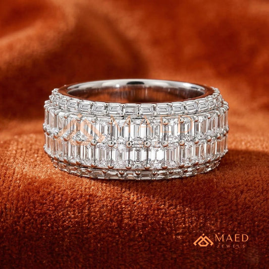 Multi-Row Emerald Cut Diamond Eternity Band in Silver, 14K Yellow & Rose Gold