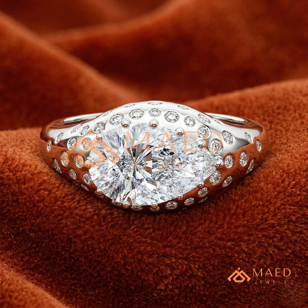 East-West Pear Cut Engagement Ring | Flush Setting Pave Dome Band in 14K Gold, Rose Gold & Silver
