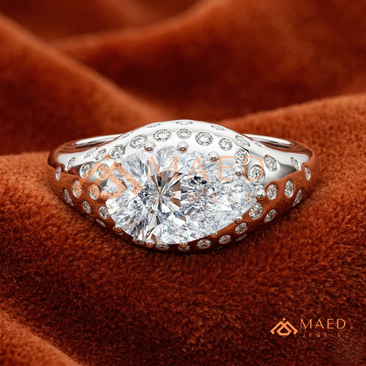 East-West Pear Cut Engagement Ring | Flush Setting Pave Dome Band in 14K Gold, Rose Gold & Silver