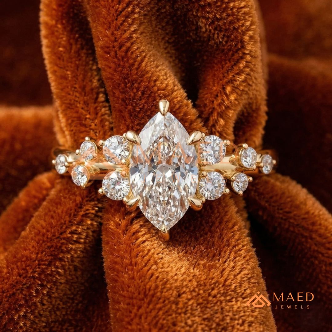 Vintage Marquise Cut Cluster Engagement Ring in 14K Gold, Rose Gold & Silver