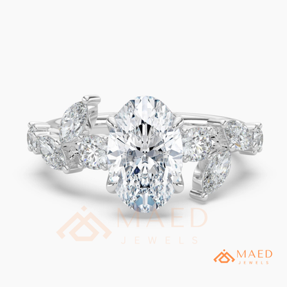 Asymmetric Oval Cut Cluster Engagement Ring | Marquise Leaf Vine Band