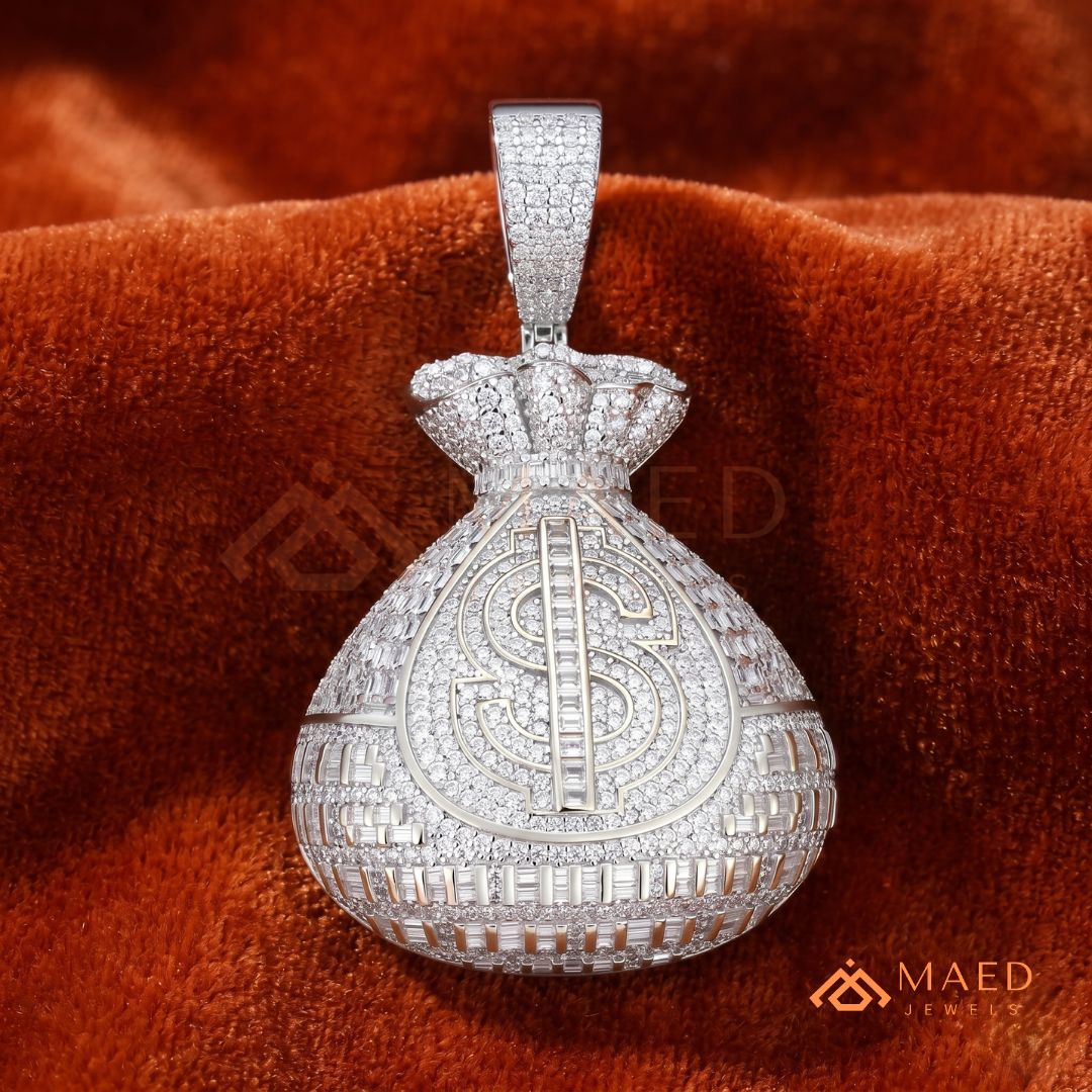 Fully Iced Out Money Bag Pendant – Baguette & Micro Pave Hip Hop Necklace