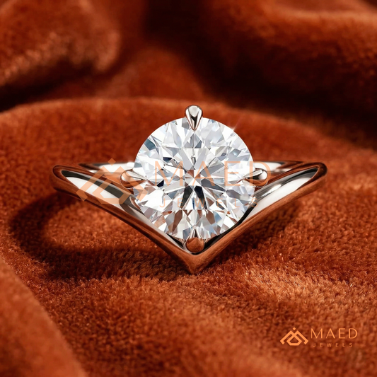 Round Cut Chevron Engagement Ring | V-Shaped Band Solitaire in Silver, 14K Gold, & 14K Rose Gold