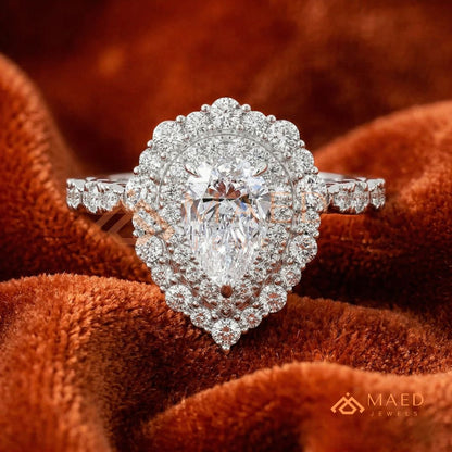 Vintage Pear Shaped Double Halo Engagement Ring with Pave Band in Silver, 14K Gold & Rose Gold