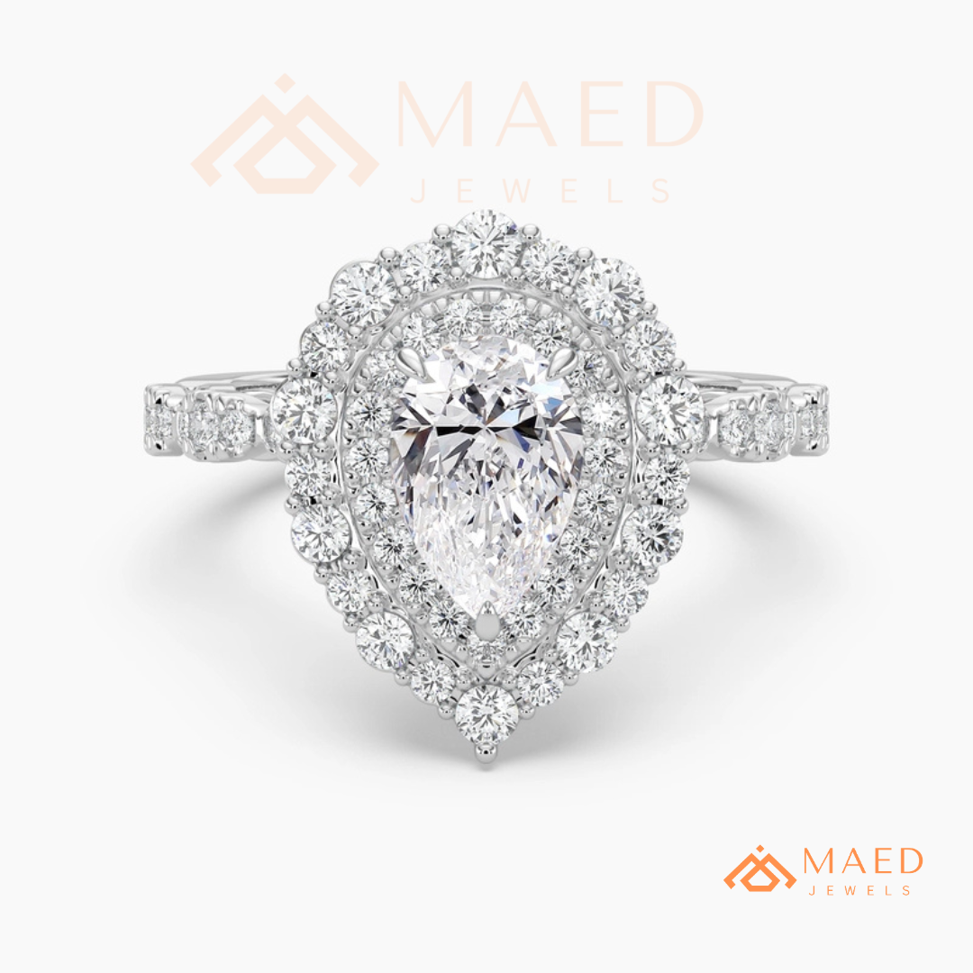 Vintage Pear Shaped Double Halo Engagement Ring with Pave Band in Silver, 14K Gold & Rose Gold