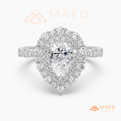 Vintage Pear Shaped Double Halo Engagement Ring with Pave Band in Silver, 14K Gold & Rose Gold