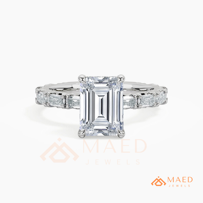 Classic Emerald Cut Solitaire Ring with Emerald Band Eternity Shank