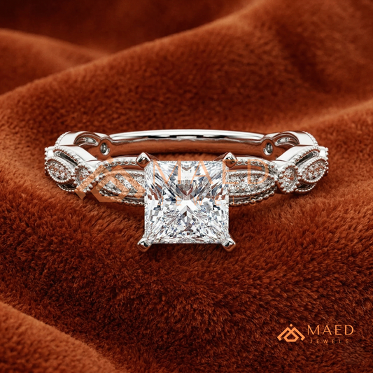 Princess Cut Vintage Engagement Ring in 14K Gold, Rose Gold & Silver | Antique Milgrain Pave Moissanite Ring for Women