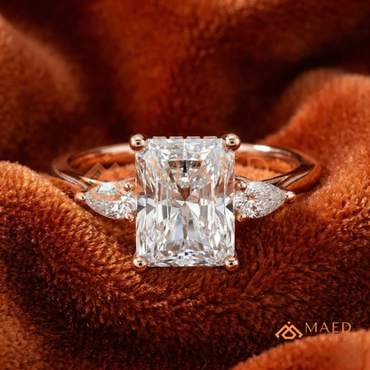 Radiant Cut Engagement Ring with Pear Side Stones | 14k Gold, Rose Gold & Silver