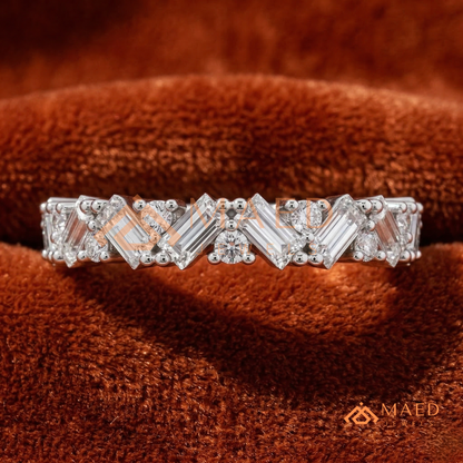 Angled Baguette & Round Cut Chevron Wedding Band | Crown Moissanite Tiara Ring in Silver, 14K Gold, & Rose Gold
