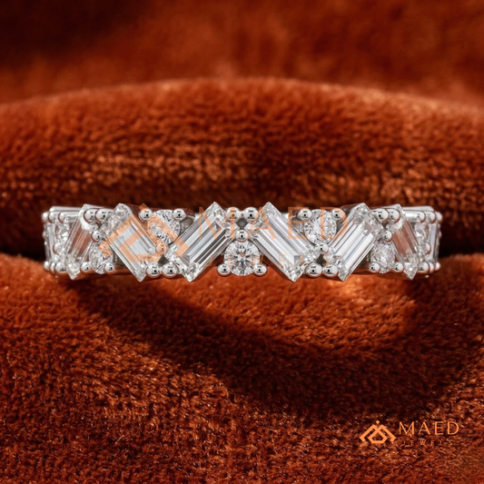 Angled Baguette & Round Cut Chevron Wedding Band | Crown Moissanite Tiara Ring in Silver, 14K Gold, & Rose Gold