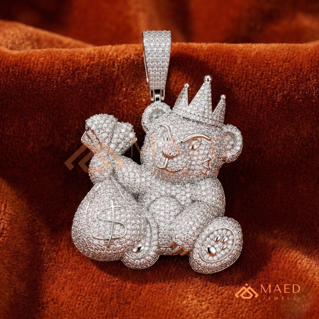 Fully Flooded 3D Money Bear Charm – Rich Teddy Stacks Pendant