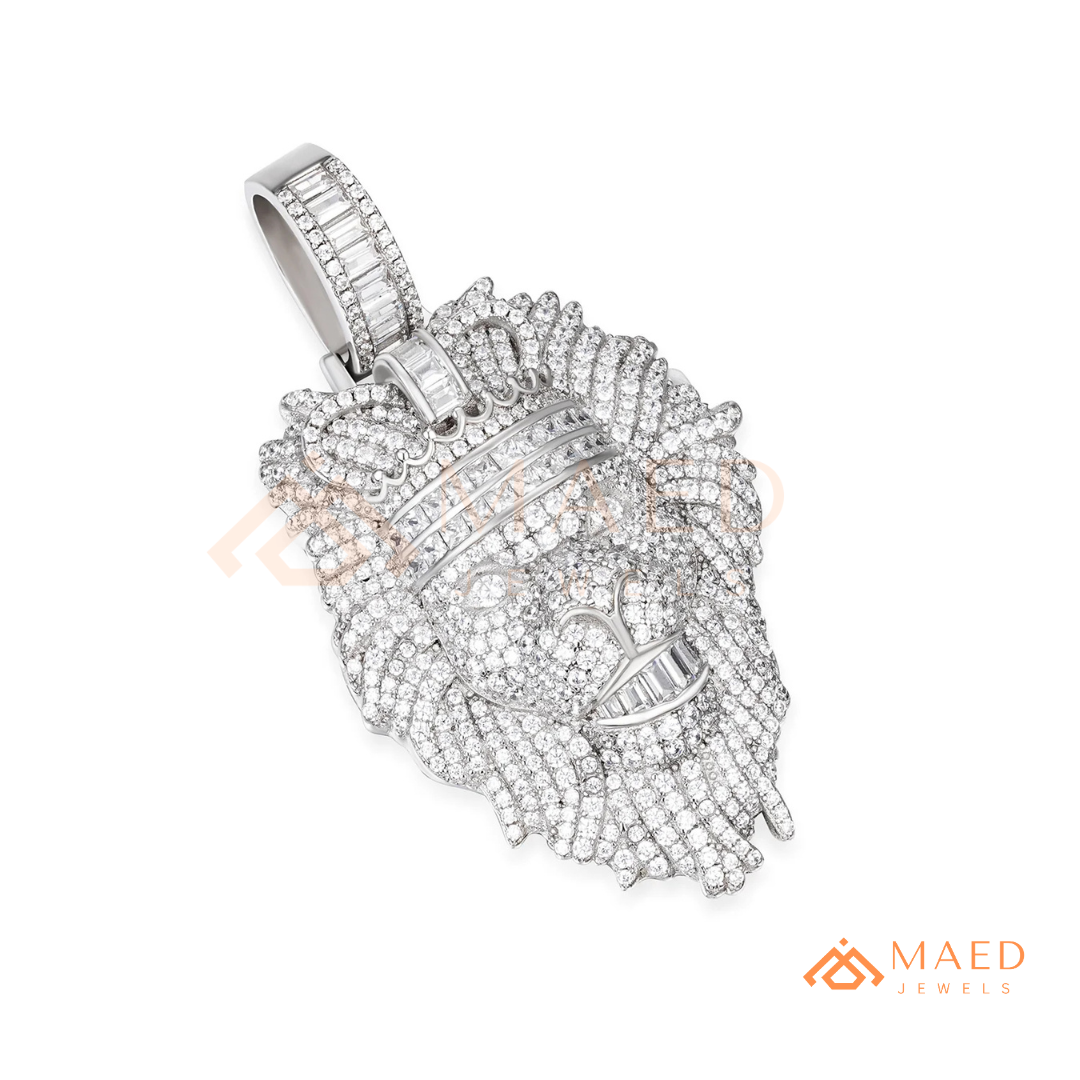 Iced Out King Lion Head Pendant – 14K Gold, Rose Gold & Silver Baguette Crown Hip Hop Charm