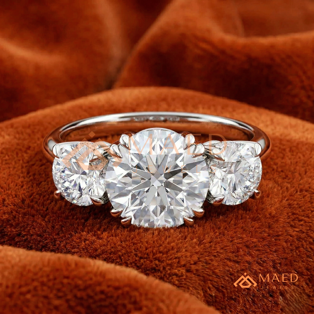 Three-Stone Round Cut Engagement Ring | Classic Trilogy Setting in 14K Gold, Rose Gold & Silver